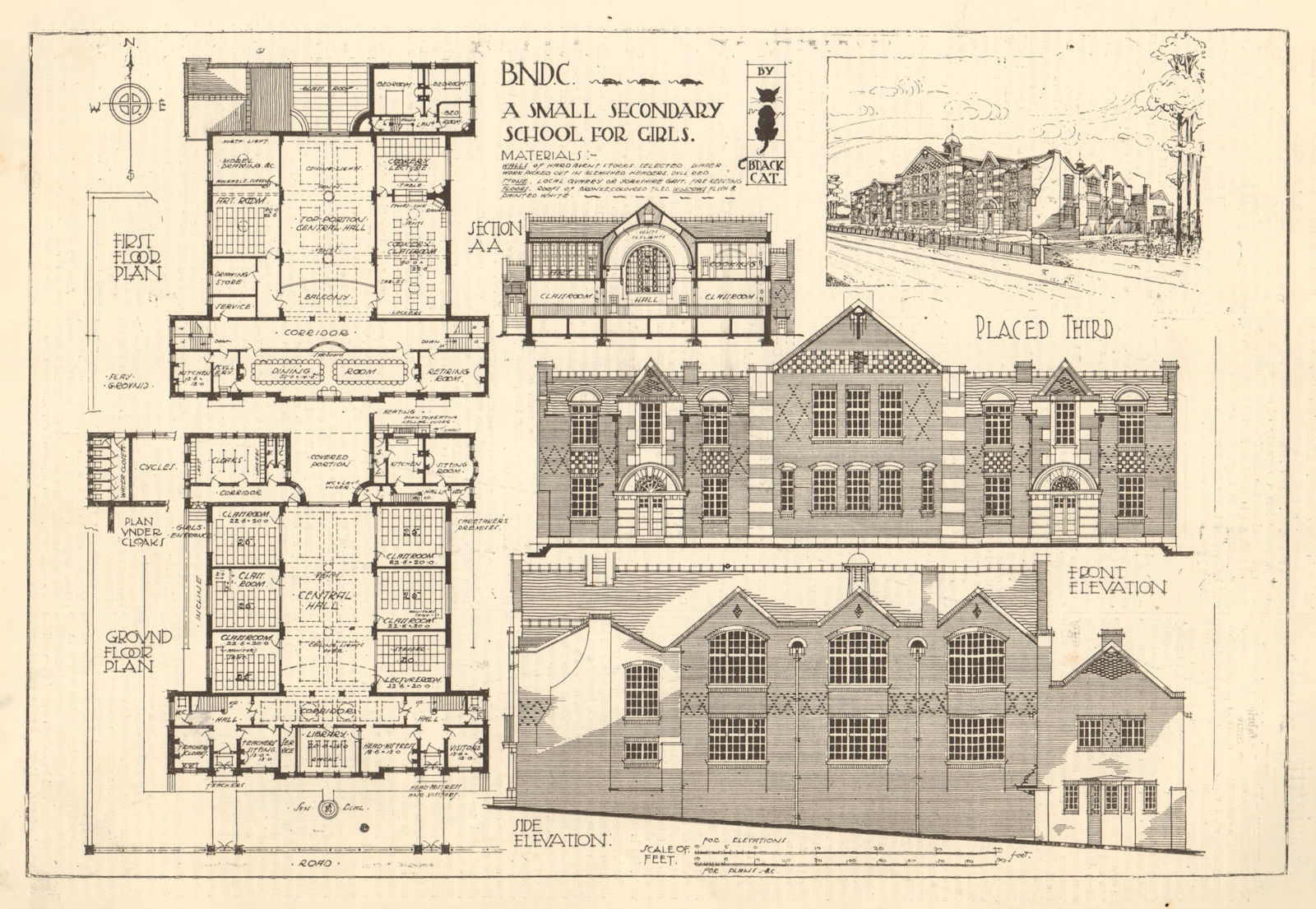 A small secondary school for girls. Elevations, section & plans 1906 old print