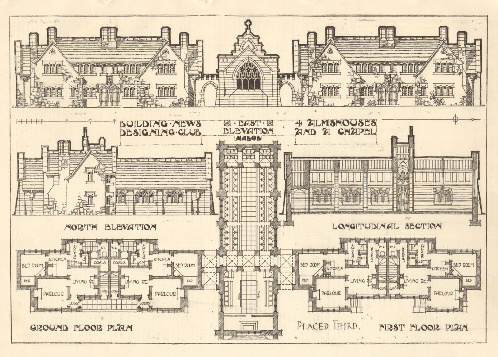 4 Almshouses & a chapel. elevation, longitudinal section & plans 1907 print