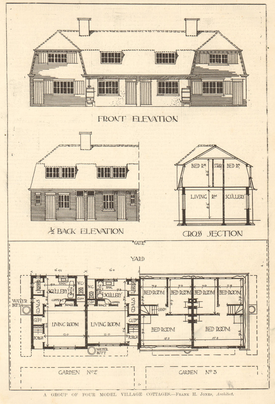 Associate Product Model village cottages. Frank H. Jones, Architect. Elevation section plan 1907