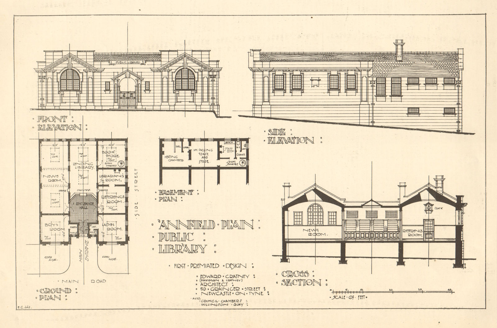 Associate Product Annfield Plain Public Library. Cratney Architect. Co. Durham 1907 old print