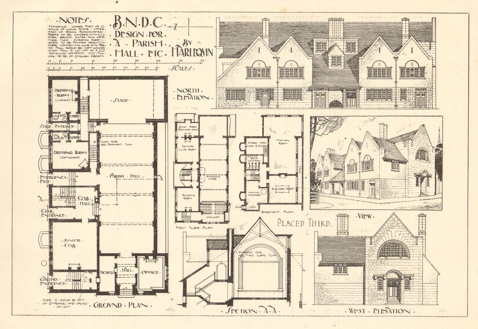 Design for a Parish Hall etc, by Harlequin. View, elevations & plans 1907