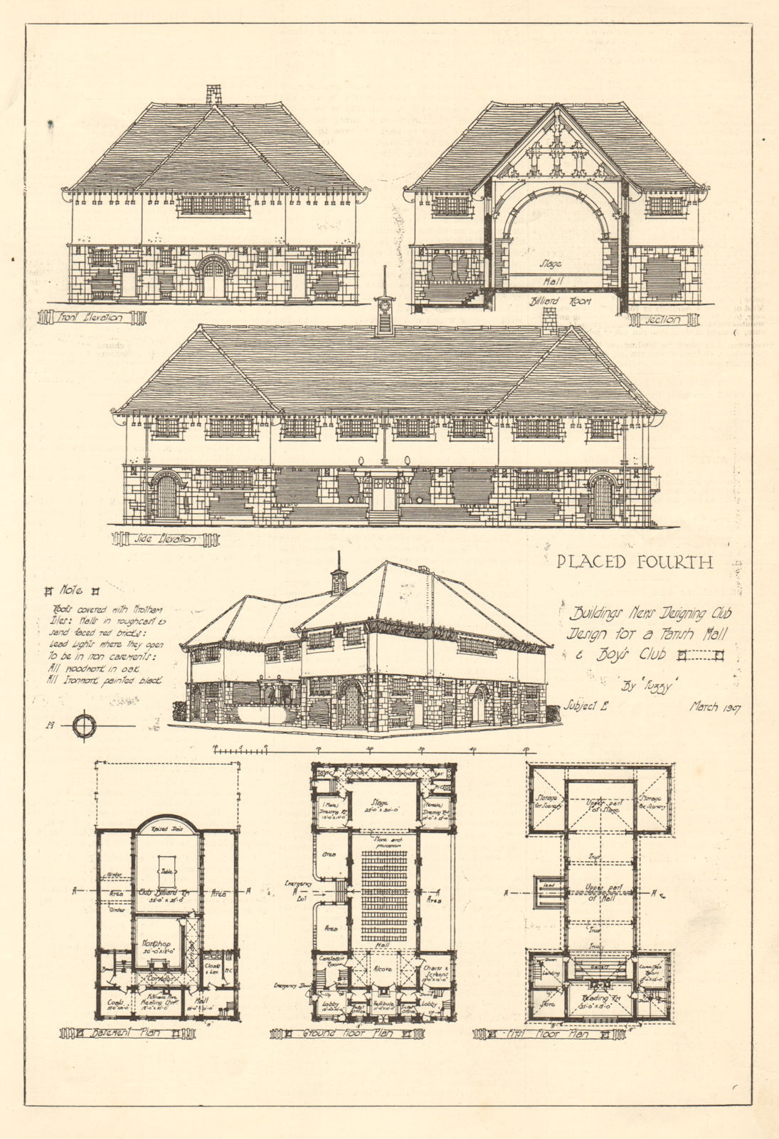 Associate Product Design for a Parish Hall & Boys club by Fuzzy, fourth. Elevations & plans 1907