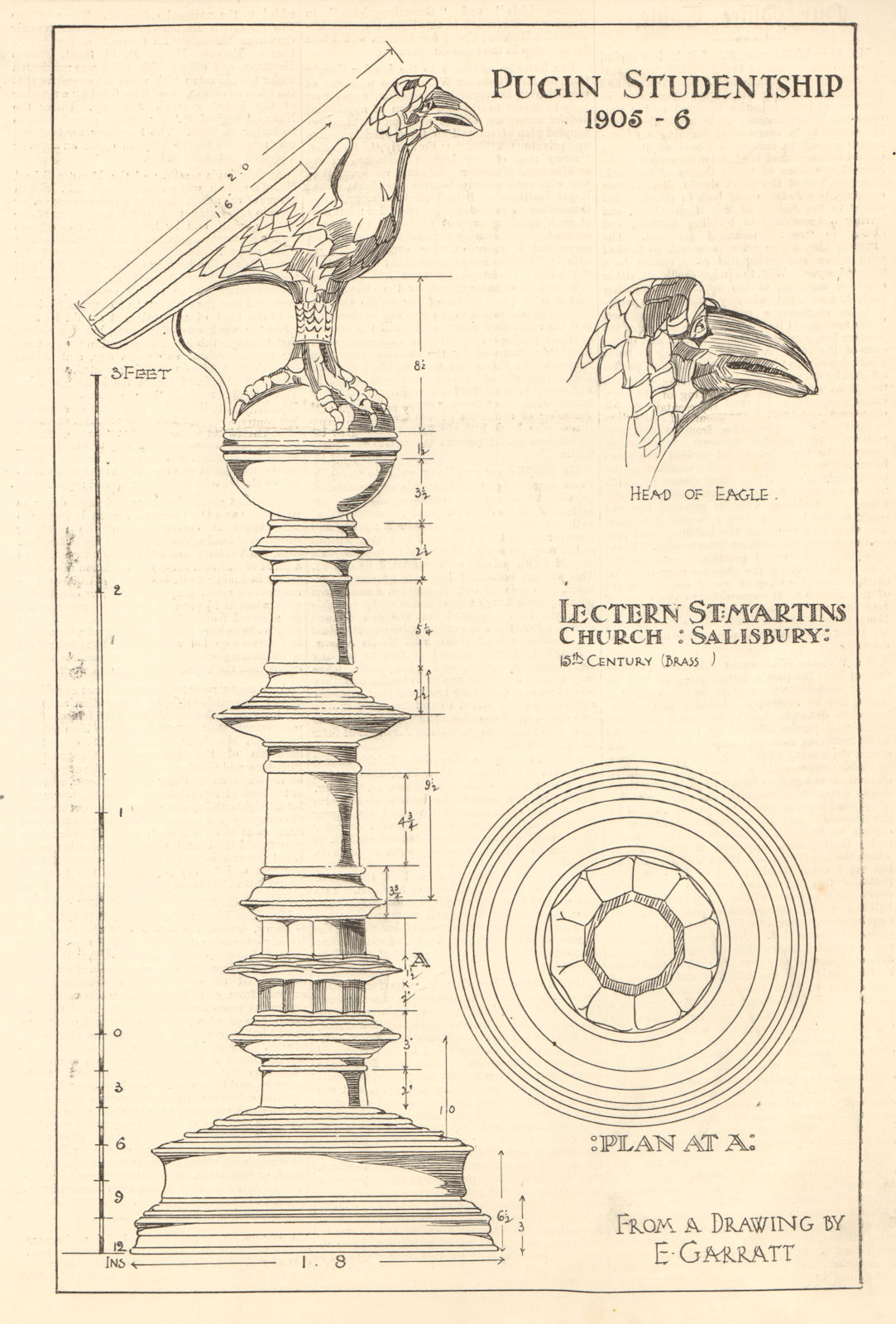 Pugin studentship 1905-6, Lectern St Martins Church, Salisbury. E. Garratt 1907