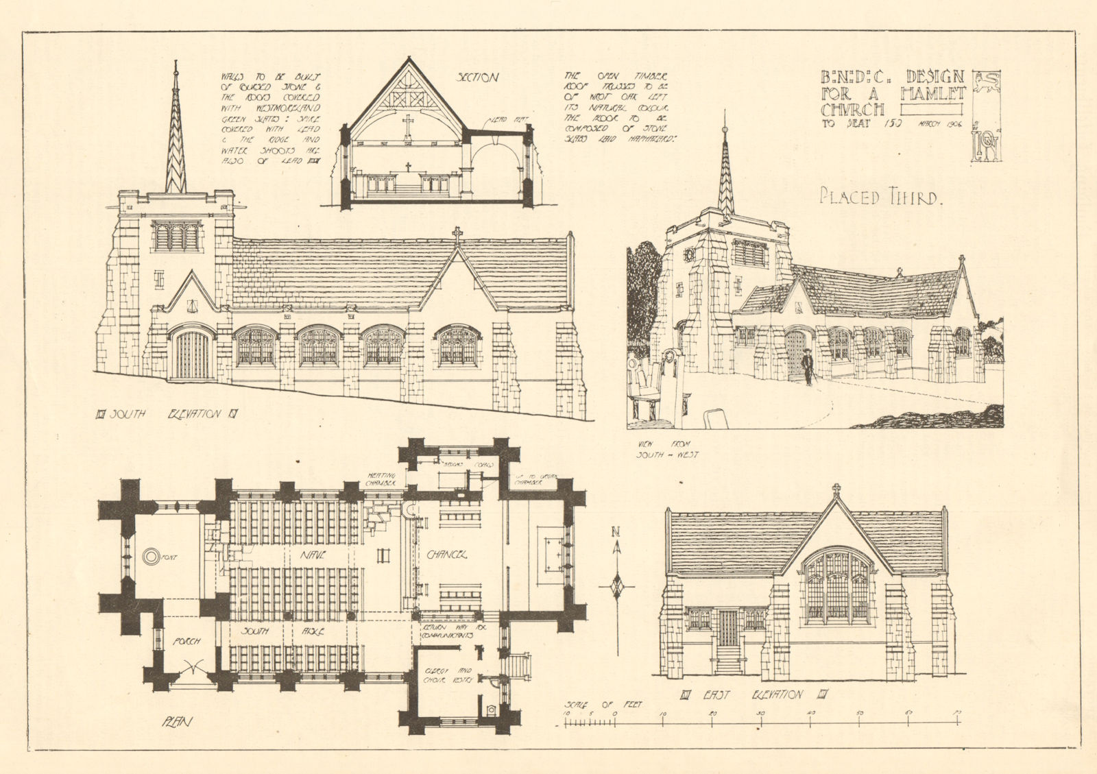 Design for a Hamlet Church to seat 150. Elevations, plans & view 1907 print