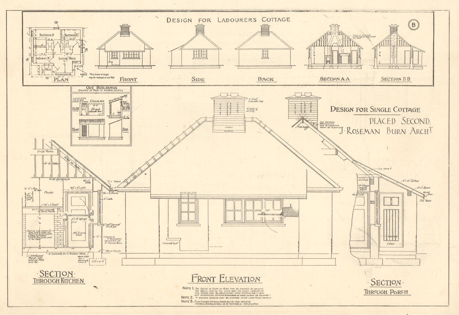 Labourer's cottage design. J Roseman Burn Architect. Elevation section plan 1907
