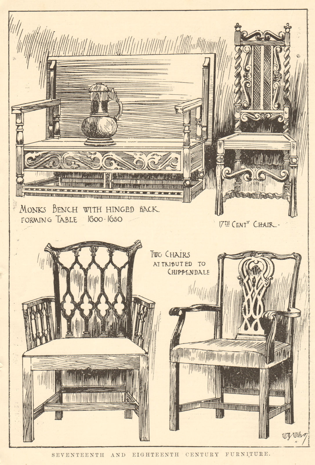 17C 18C furniture. Monks bench hinged back table. Chippendale chair 1907 print
