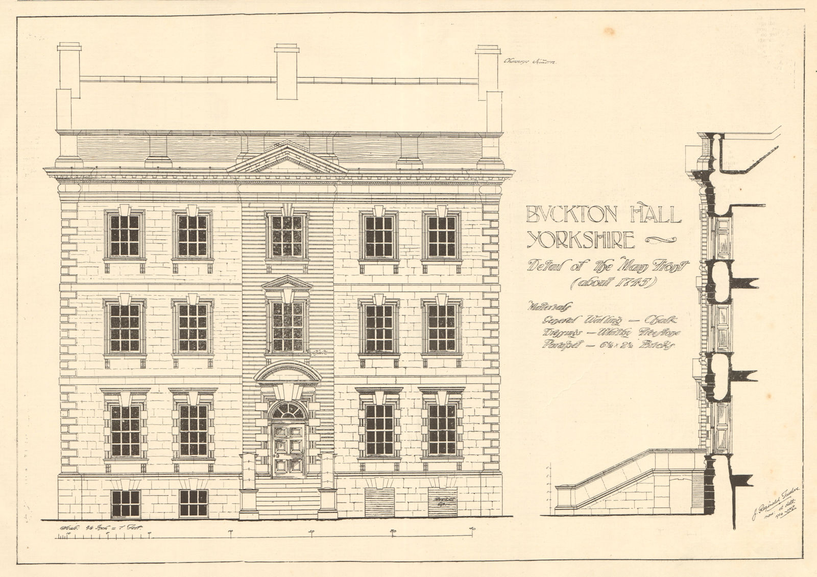 Buckton Hall, Yorkshire. Detail of the main front (about 1745) 1907 old print