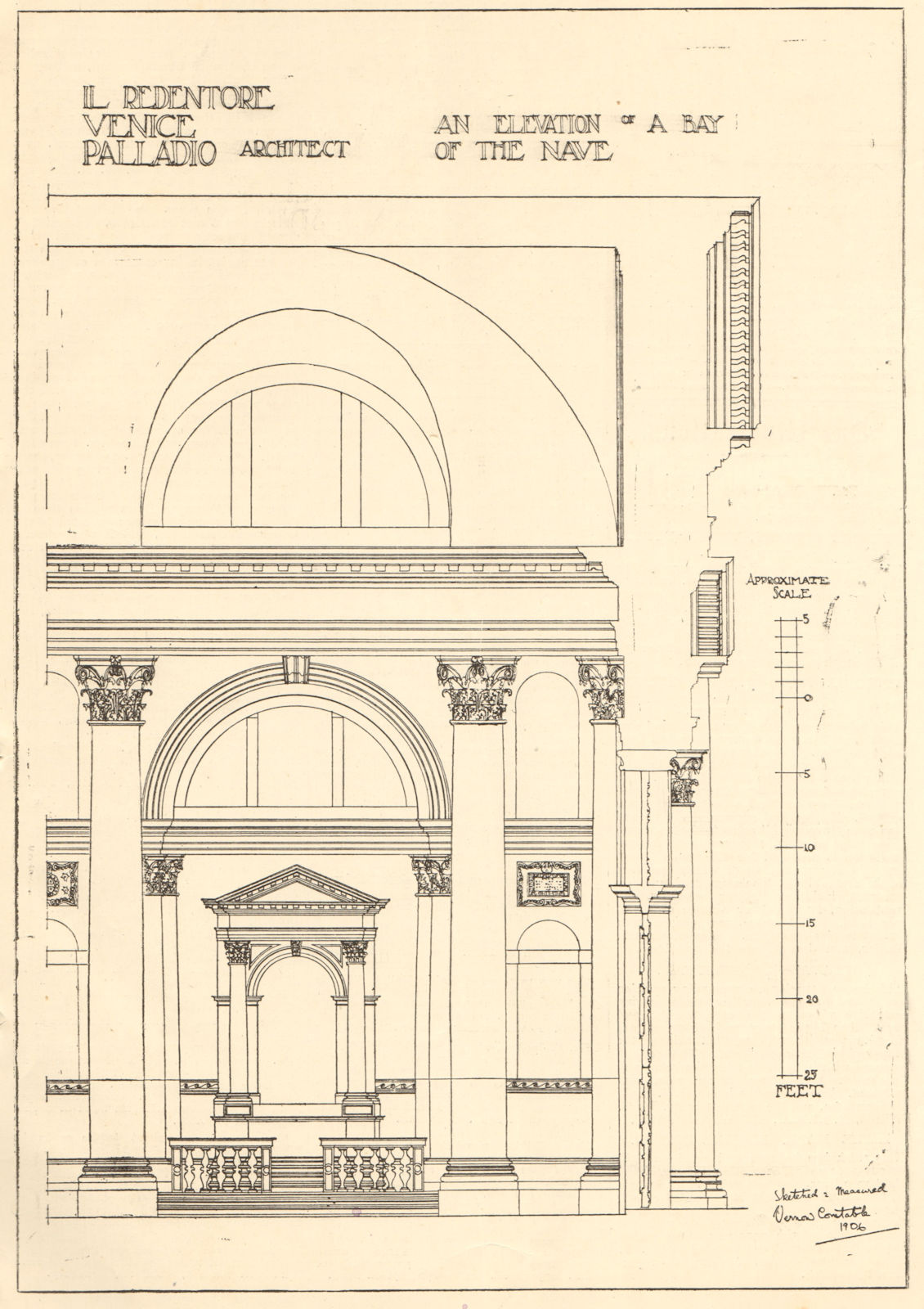 Il Redentore, Venice, Palladio, Architect. Elevation of a bay of the nave 1907