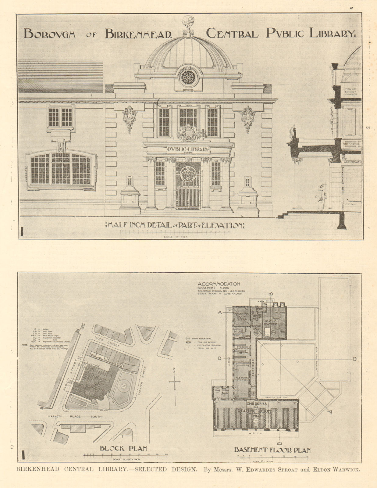 Birkenhead Central Library by Edwardes Sproat & Eldon. Elevation block plan 1907
