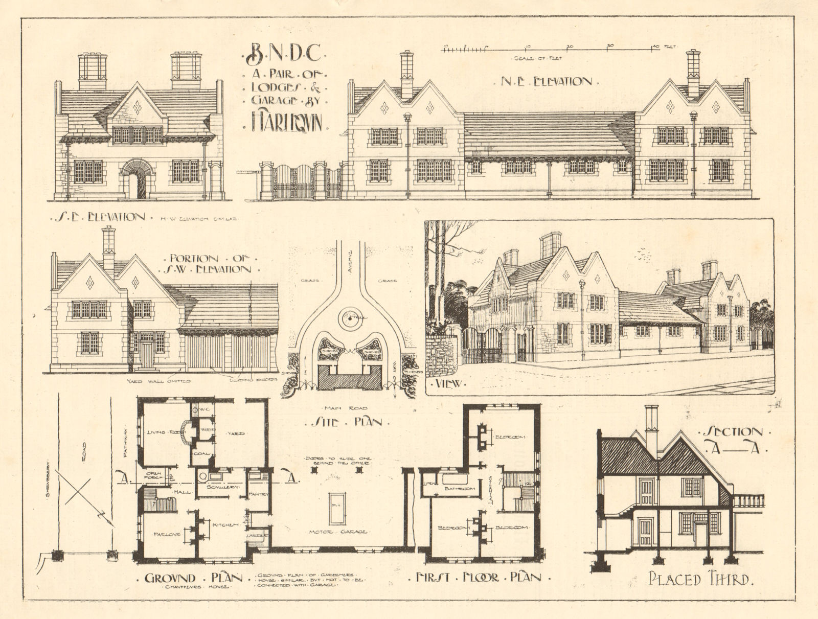 Associate Product A pair of lodges & garage by Harlequin. Elevations, plans & sections 1907