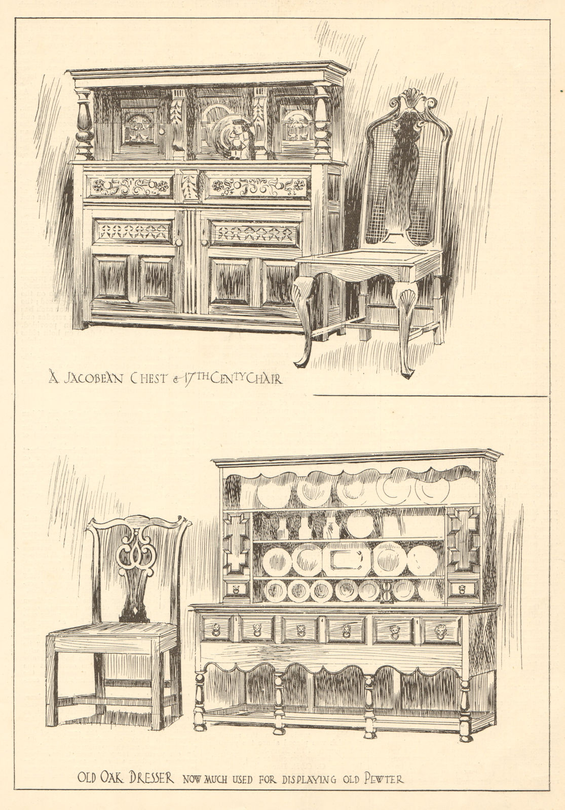 Associate Product A Jacobean chest & 17th cent chair, old oak dresser 1907 antique print