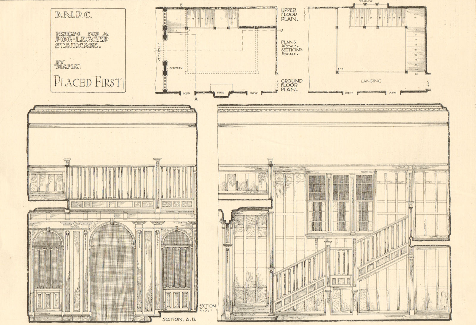 Design for a dog-legged staircase by ''Piama''. Section & plans 1907 old print