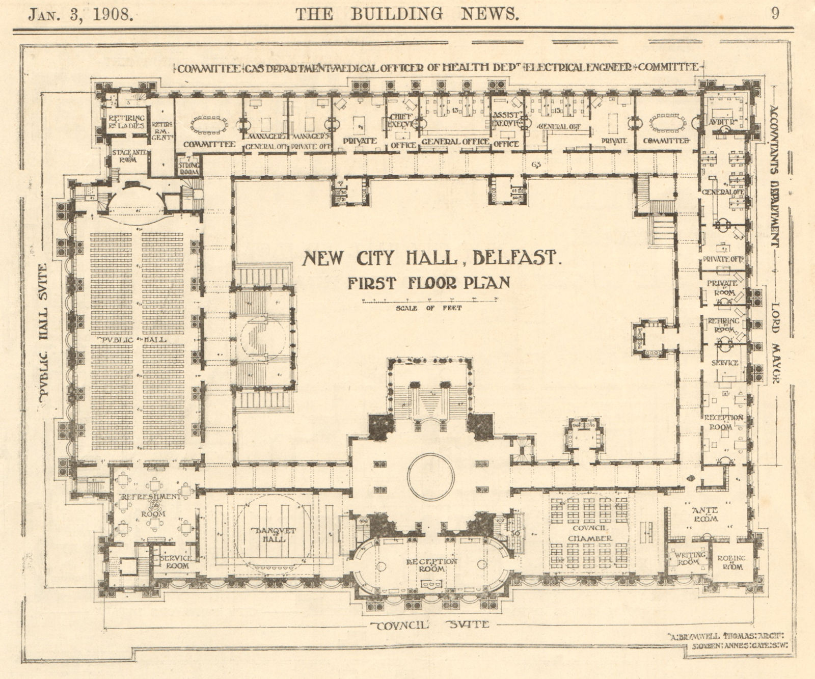 New City Hall, Belfast. First floor plan. Ireland 1908 old antique print