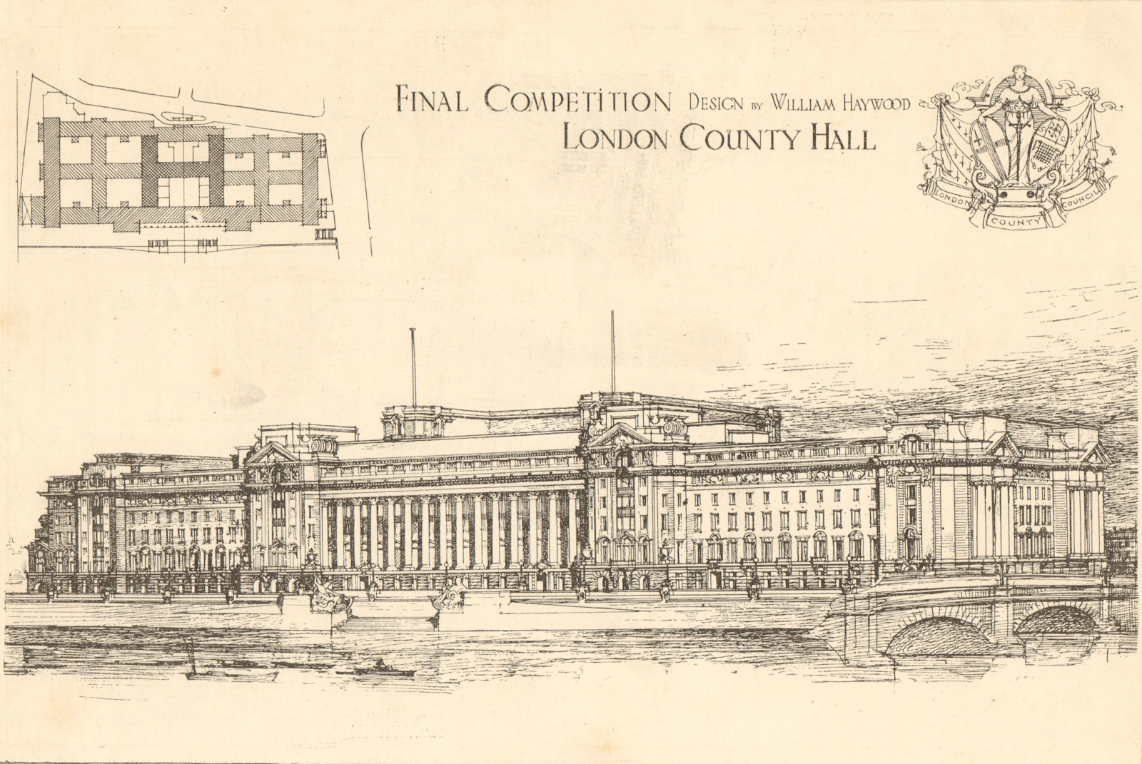 Final competition design by William Haywood, London County Hall 1908 old print