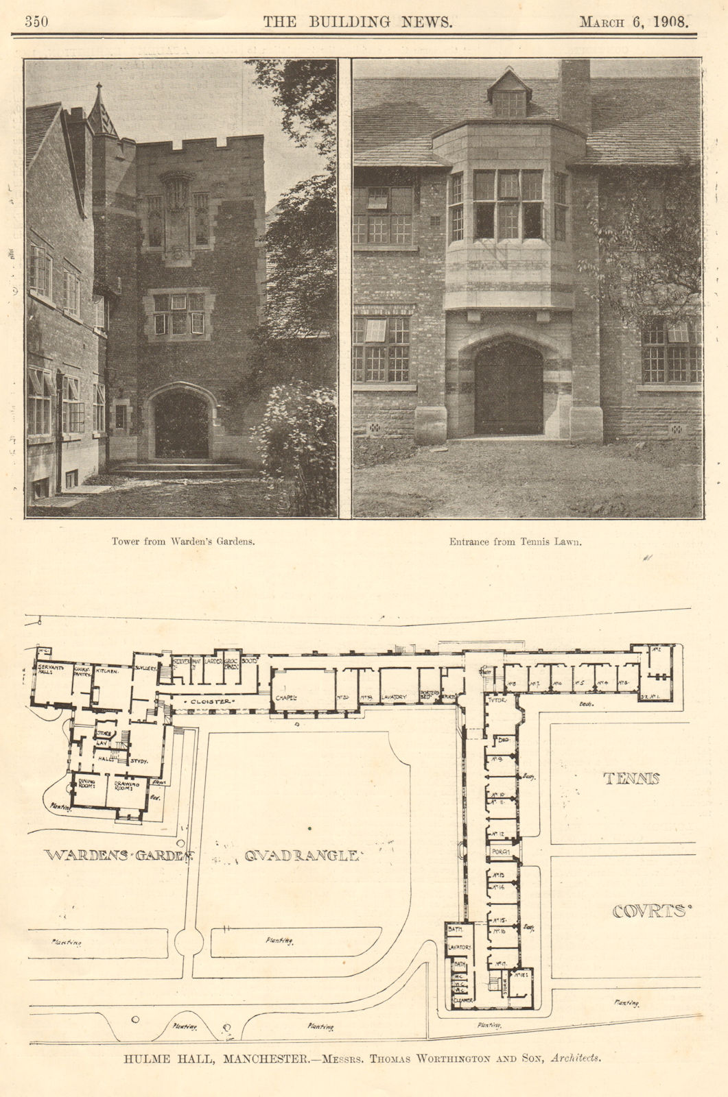 Hulme Hall, Manchester. Thomas Worthington Architect. Tower Warden's garden 1908