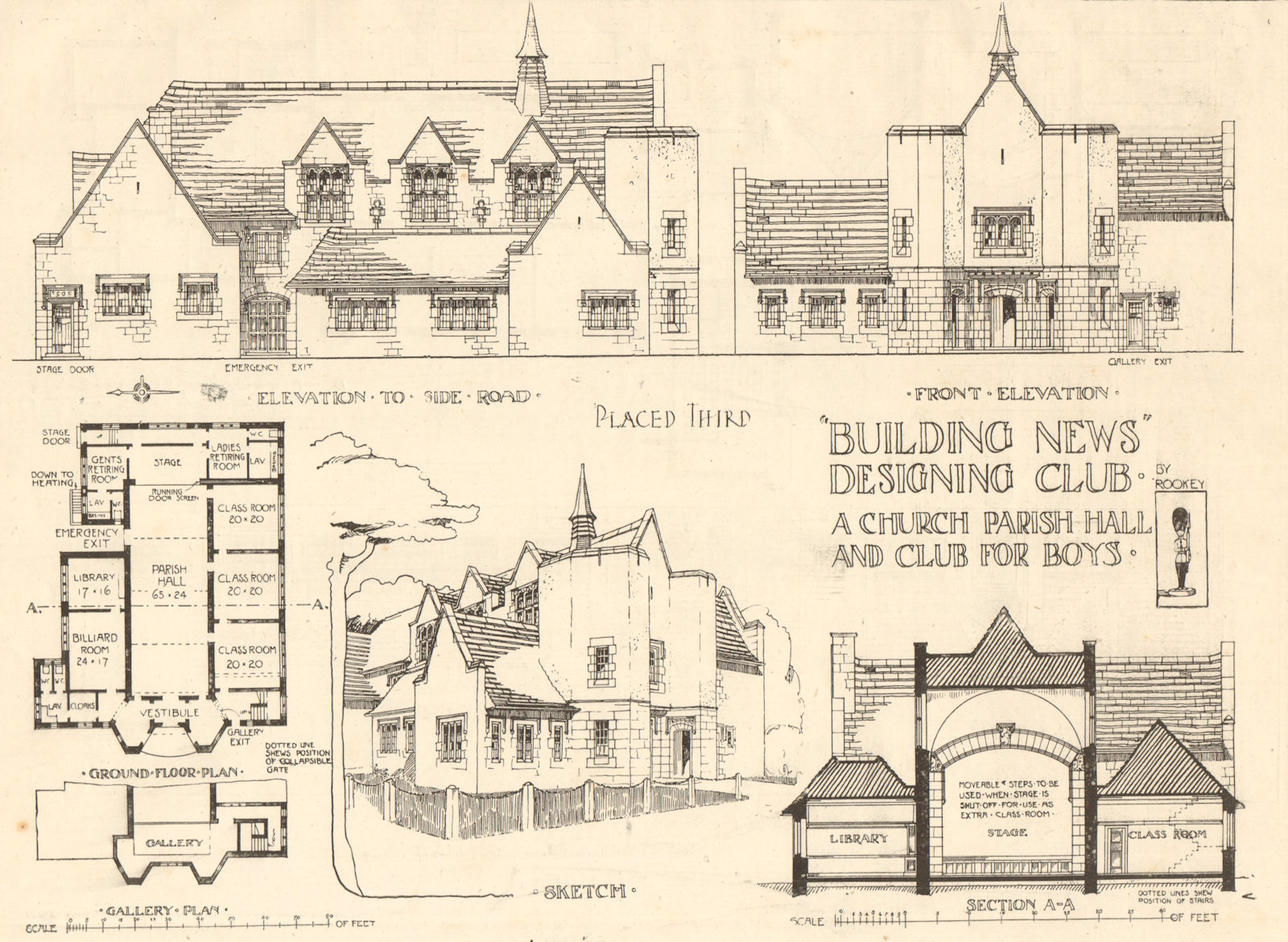 A church parish hall & club for boys. By Rookey. Elevations section plan 1908