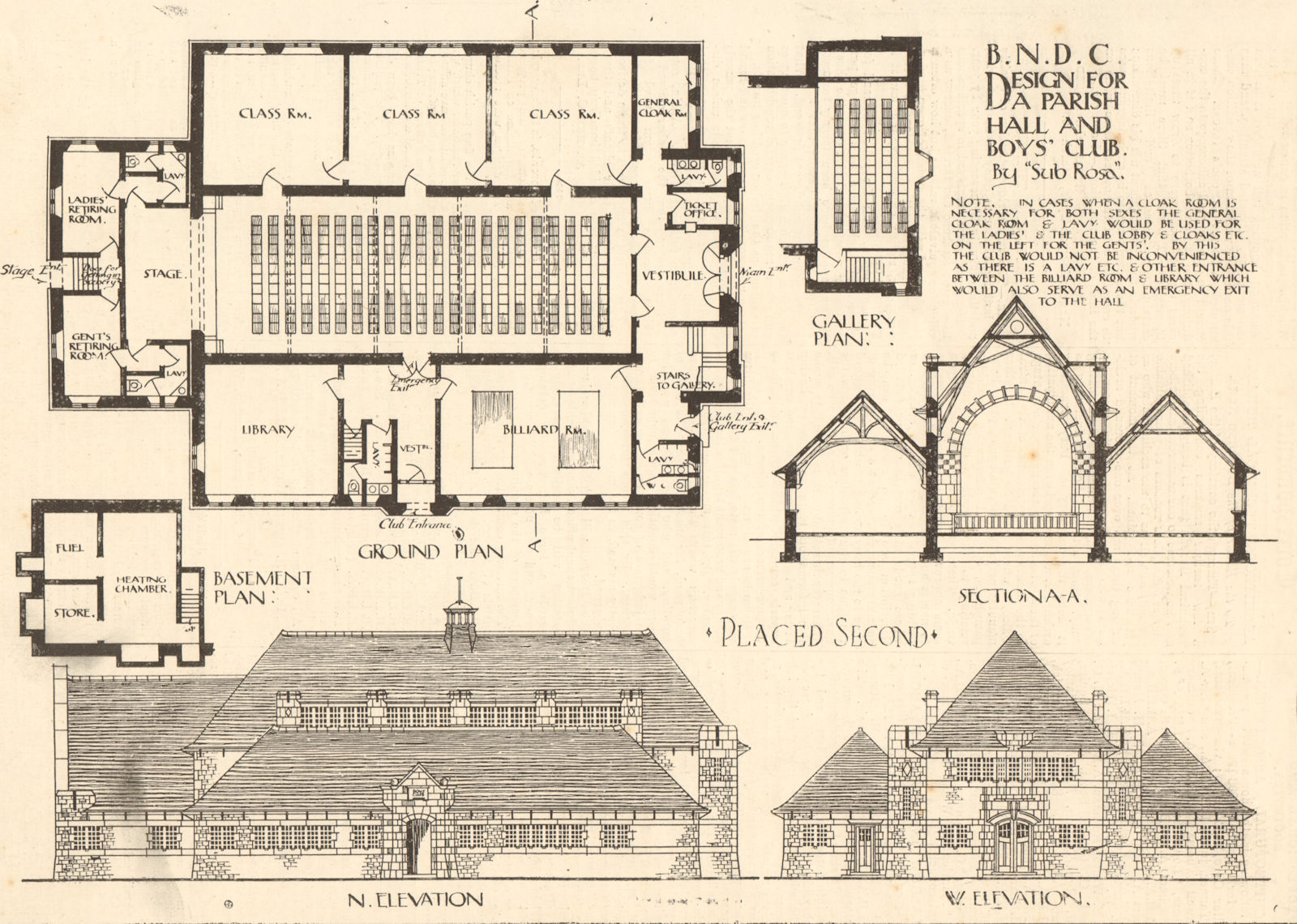 Associate Product Parish Hall & boys' club design by Sub Rosa. Plans, elevations, section 1908