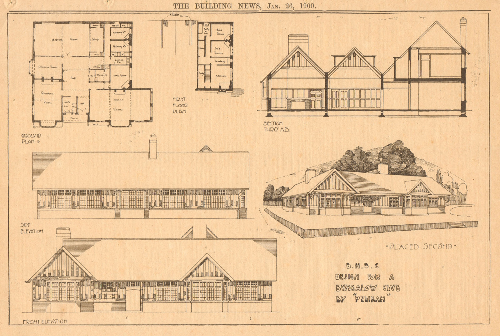 Design for a bungalow club by ''Pelikan''. Plans, section & elevations 1900