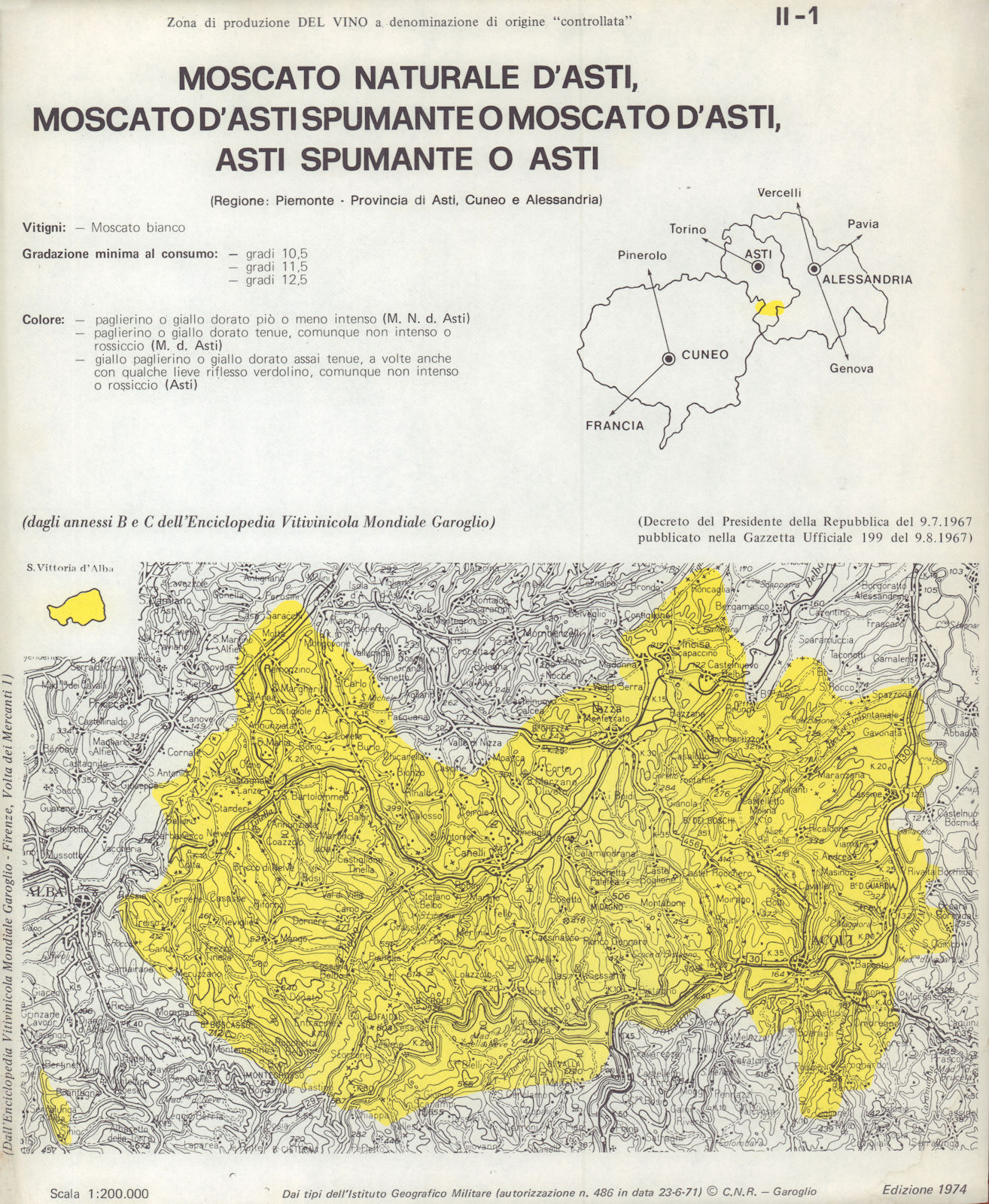 Italy wine. Moscato d'Asti Spumante DOC. Piemonte Cuneo Alessandria 1976 map