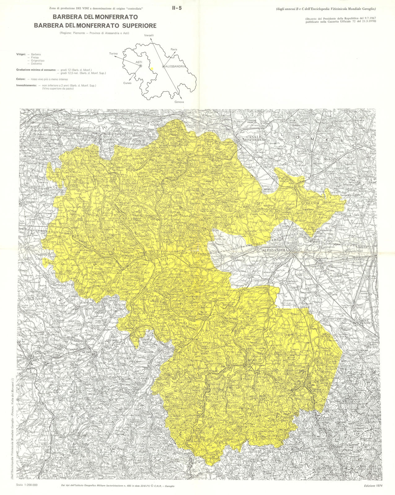Italy wine. Barbera del Monferrato DOC. Piemonte. Alessandria e Asti 1976 map