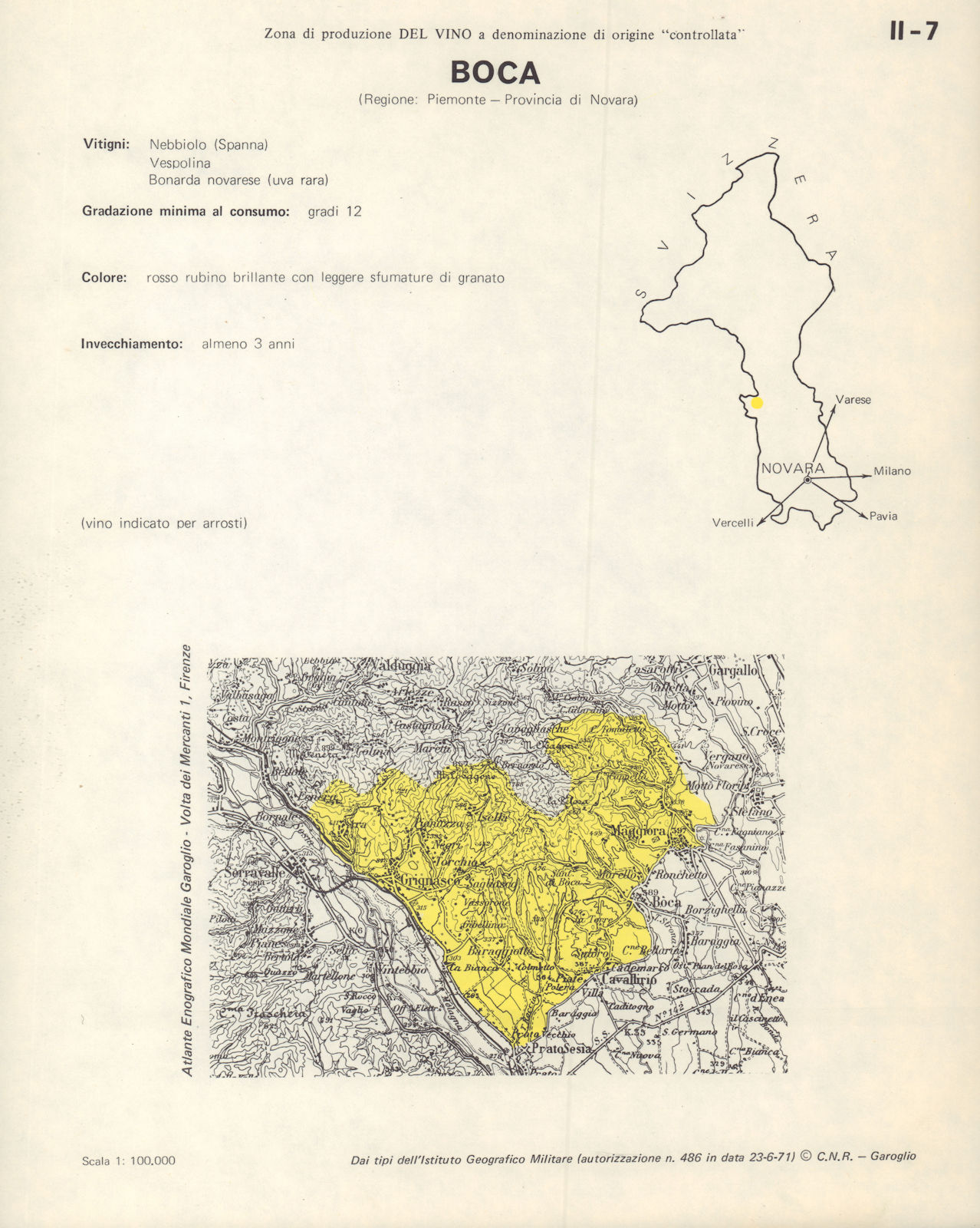 Italy wine. Boca DOC. Piemonte. Novara 1976 old vintage map plan chart