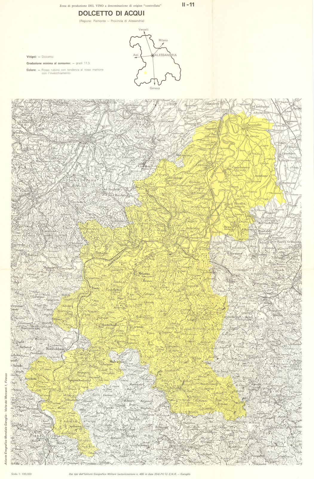 Italy wine. Dolcetto di Acqui DOC. Piemonte. Alessandria 1976 old vintage map