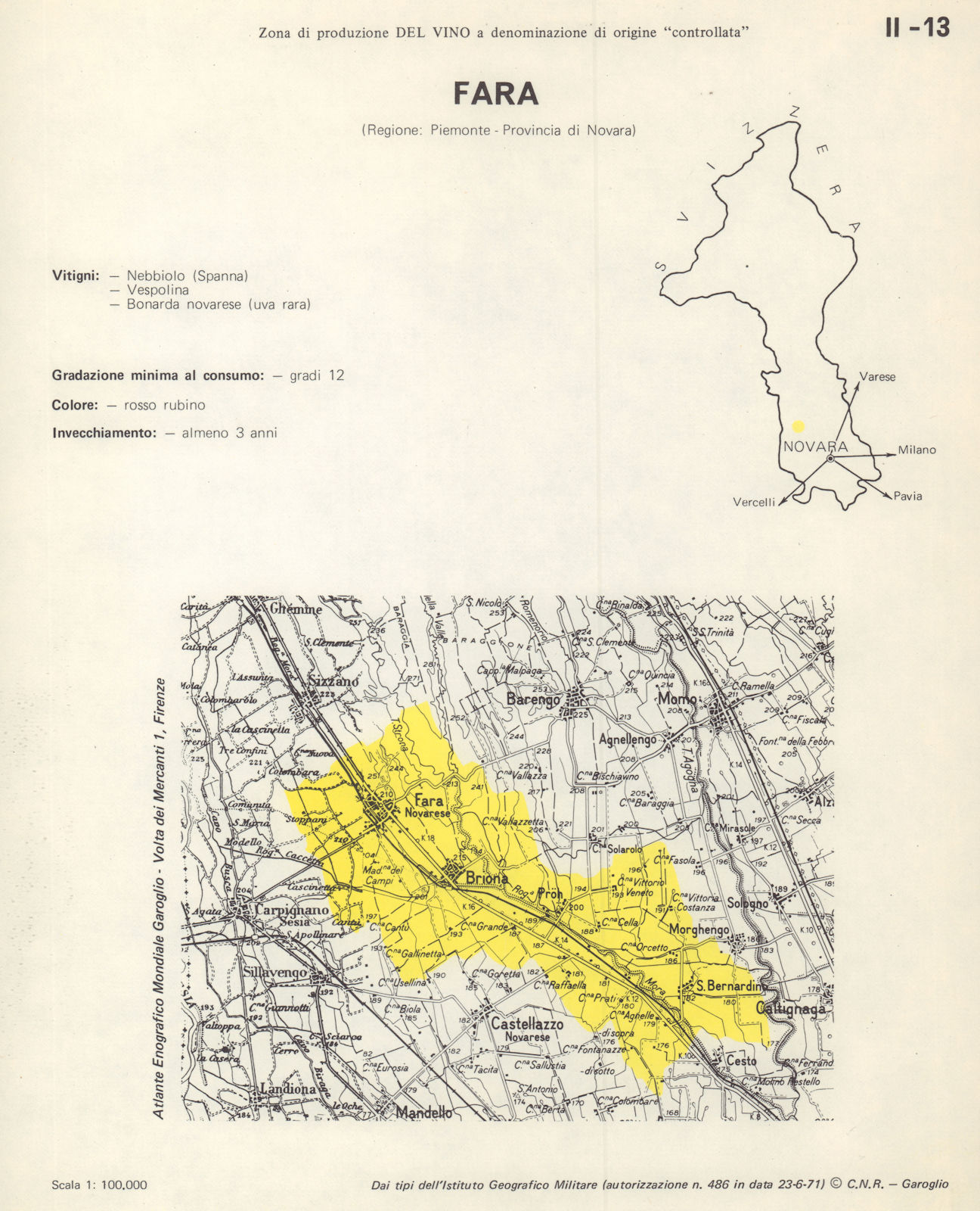 Italy wine. Fara DOC. Piemonte. Novara 1976 old vintage map plan chart