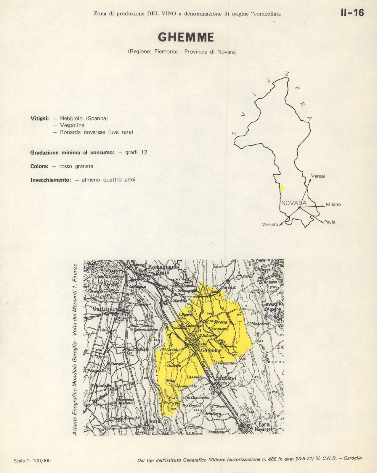 Italy wine. Ghemme DOC. Piemonte. Novara 1976 old vintage map plan chart
