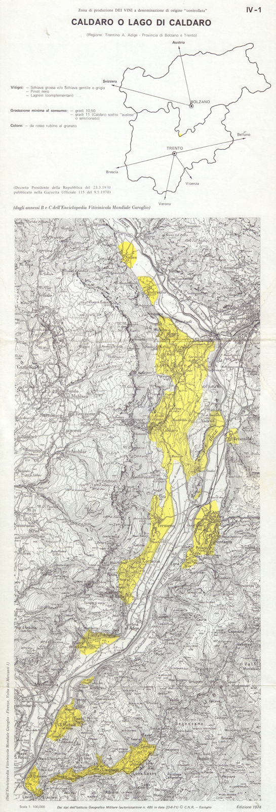 Associate Product Italy wine. Lago di Caldaro DOC. Trentino Adige Bolzano Trento 1976 old map