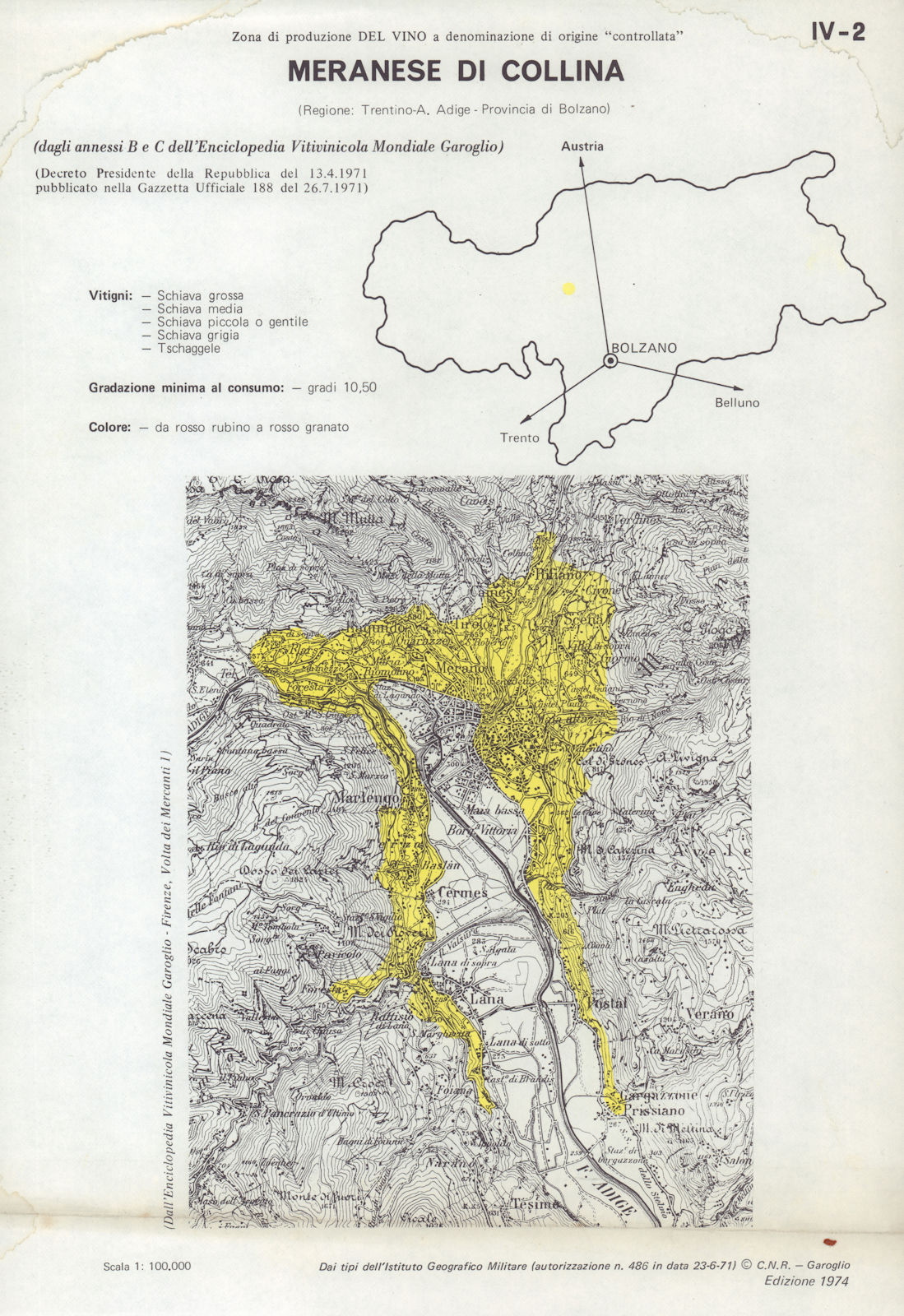 Italy wine. Meranese di Collina DOC. Trentino Alto Adige. Bolzano 1976 old map