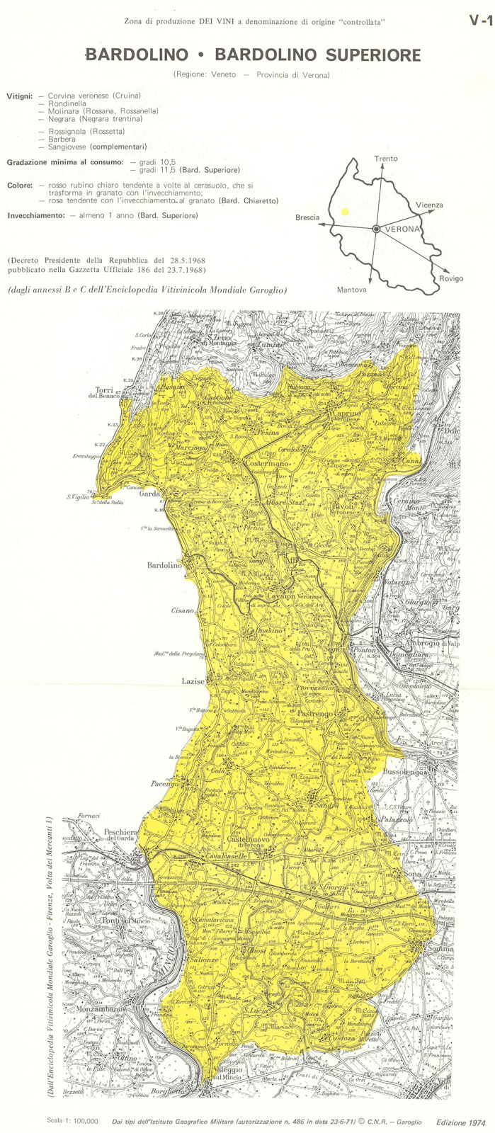 Italy wine. Bardolino Bardolino Superiore DOC. Veneto. Verona 1976 old map
