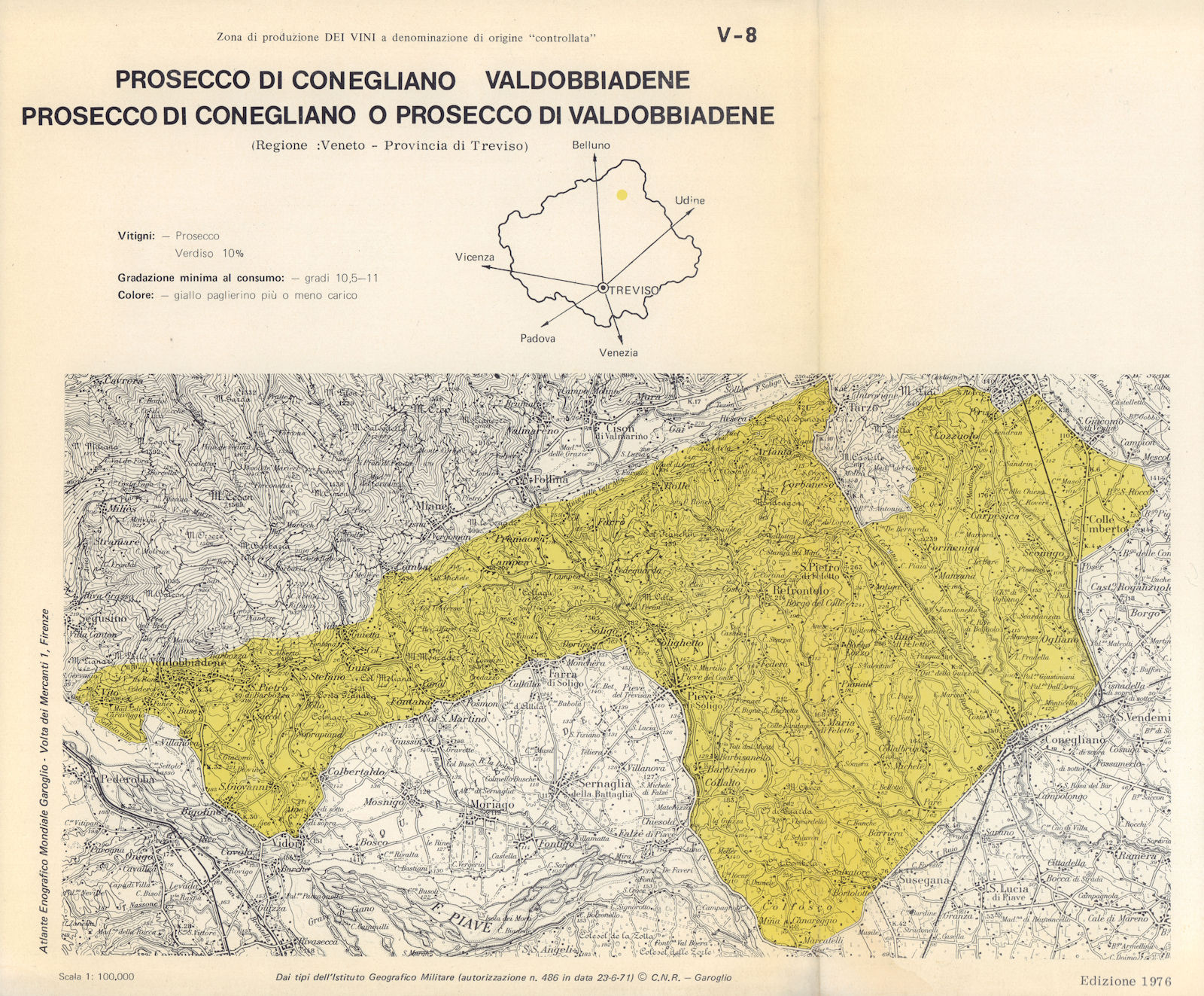 Italy wine. Prosecco di Conegliano & Valdobbiadene DOC. Veneto. Treviso 1976 map