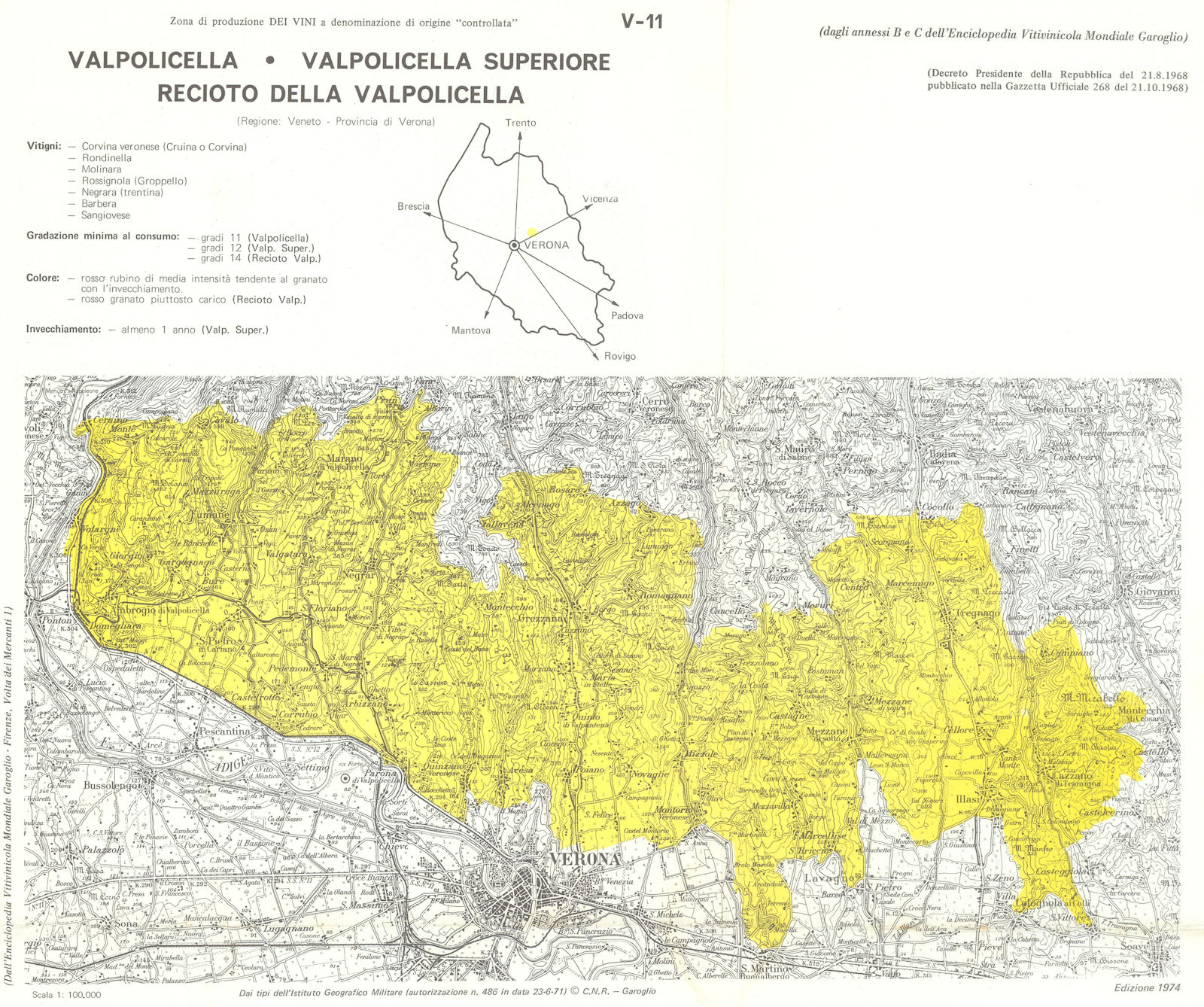 Italy wine. Recioto della Valpolicella & Superiore DOC. Veneto. Verona 1976 map