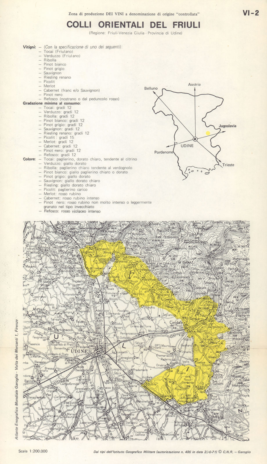 Italy wine. Colli Orientali del Friuli DOC. Venezia Giulia. Udine 1976 old map