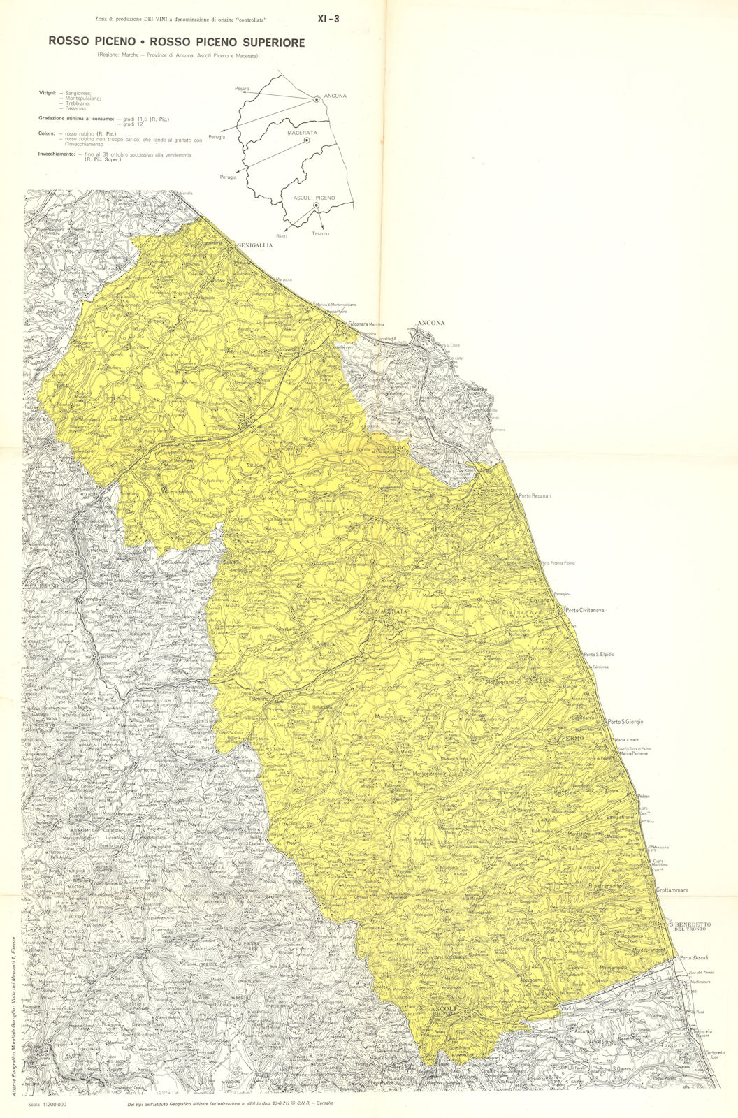 Italy wine. Rosso Piceno & Superiore DOC. Marche Ancona Ascoli Macerata 1976 map