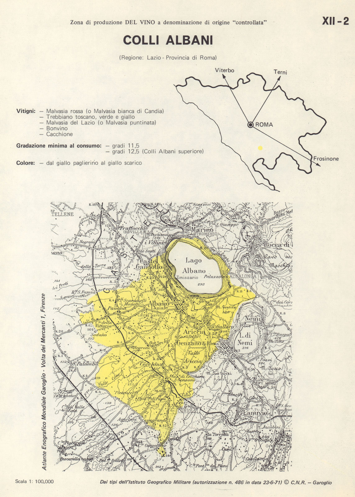 Italy wine. Colli Albani DOC. Lazio. Roma 1976 old vintage map plan chart