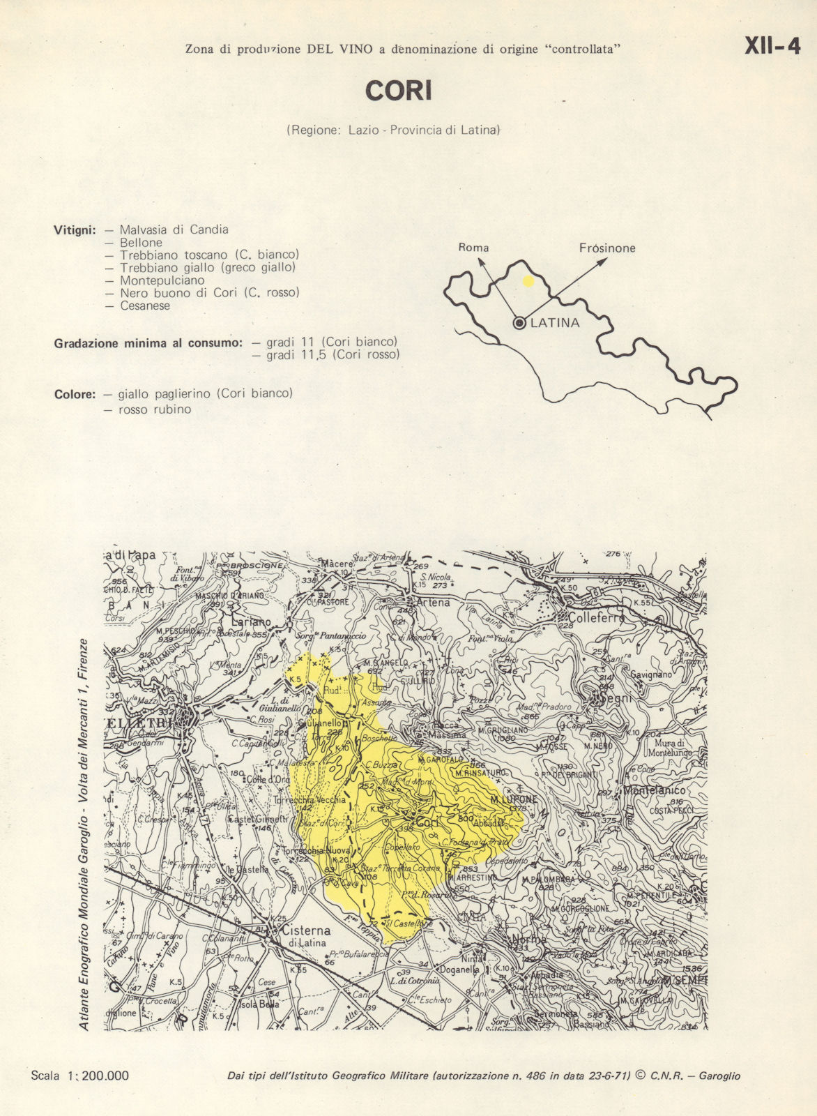 Italy wine. Cori DOC. Lazio. Latina 1976 old vintage map plan chart