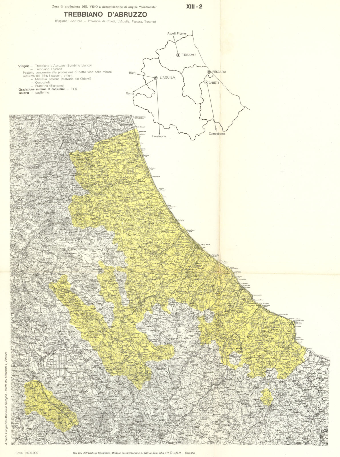 Italy wine. Trebbiano d'Abruzzo DOC. Chieti, l'Aquila, Pescara, Teramo 1976 map