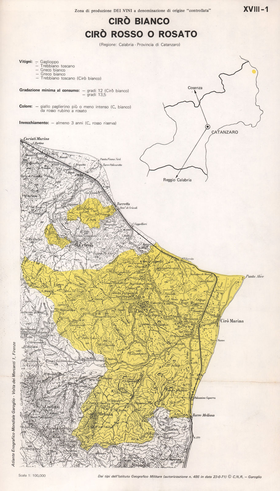 Italy wine. Cirὸ Bianco DOC. Cirὸ Rosso o Rosato. Calabria. Catanzaro 1976 map
