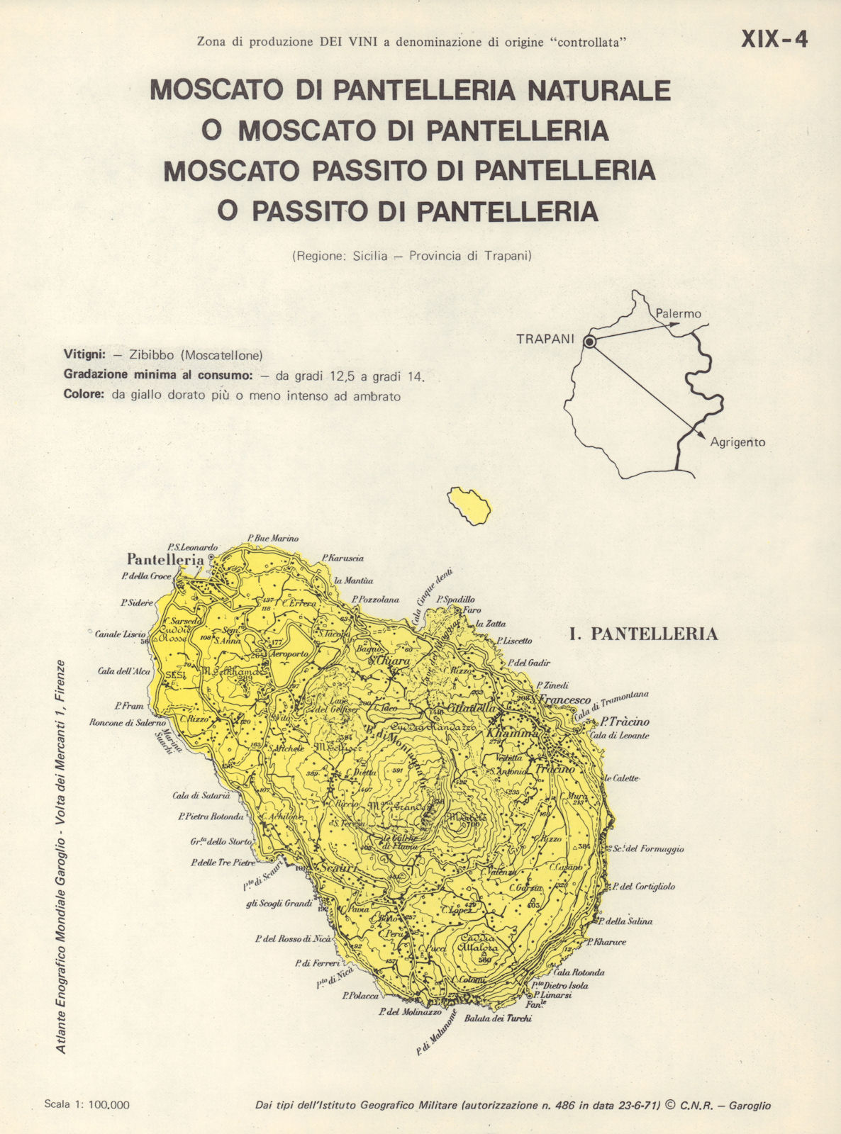 Italy wine. Moscato di Pantelleria Naturale Passito DOC Sicilia Trapani 1976 map