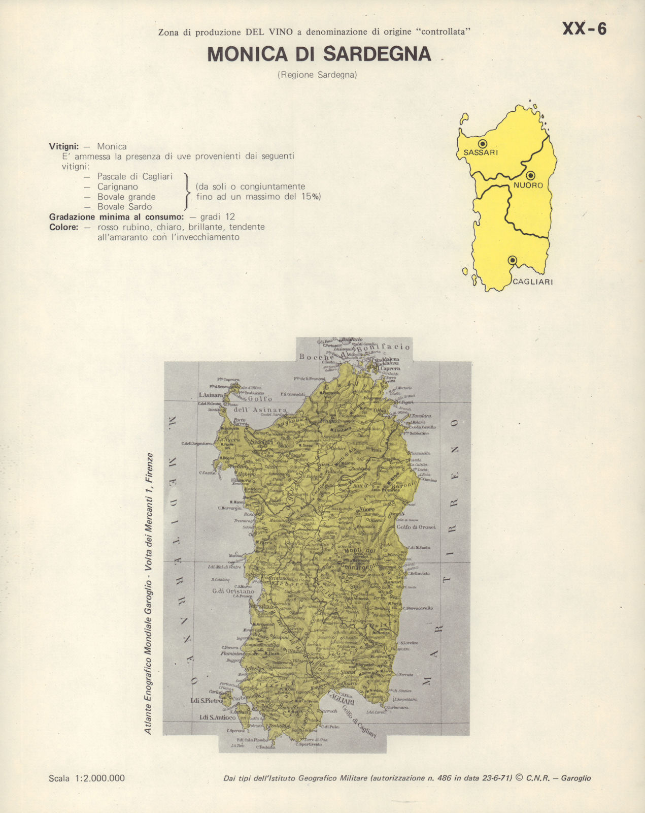 Italy wine. Monica di Sardegna DOC. Sardegna 1976 old vintage map plan chart