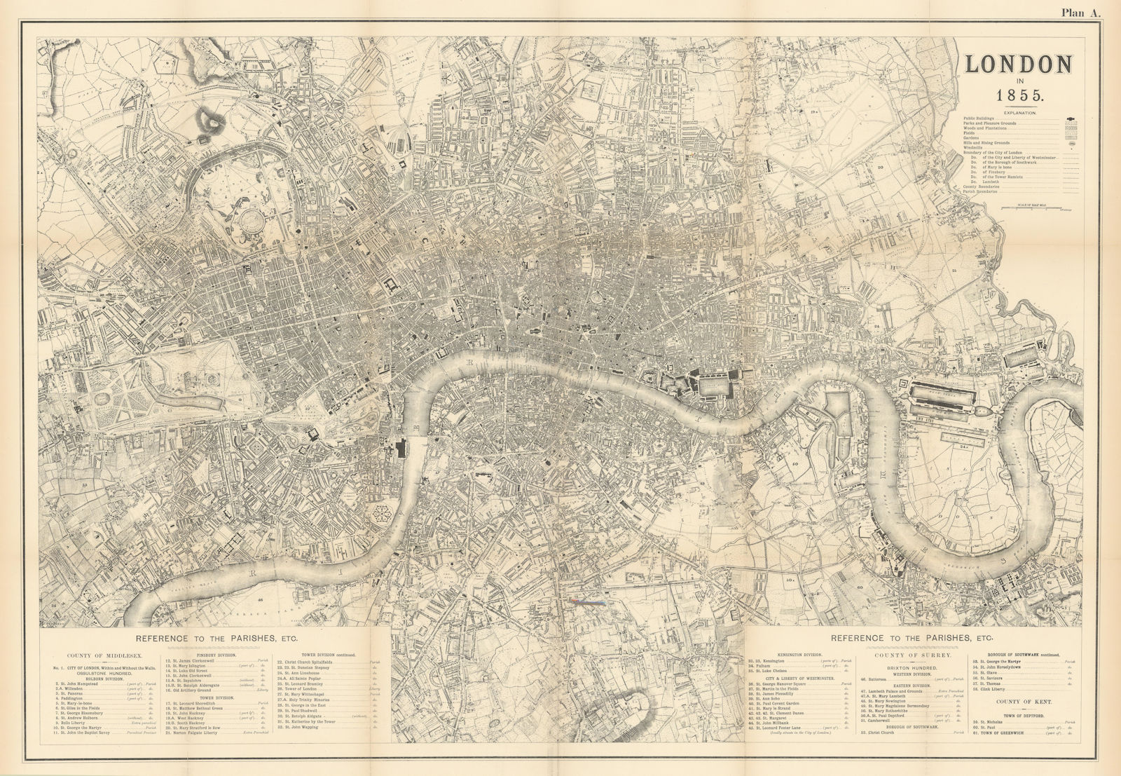Large map of London in 1855 by Percy Edwards. 71x103 cm 1898 old antique