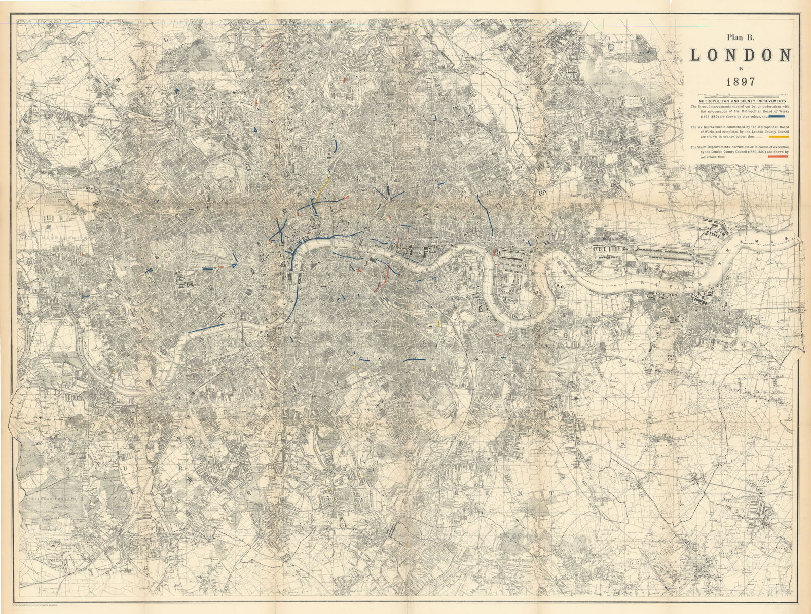 Associate Product London in 1897 with street improvements since 1855. 80x105 cm. Edwards 1898 map