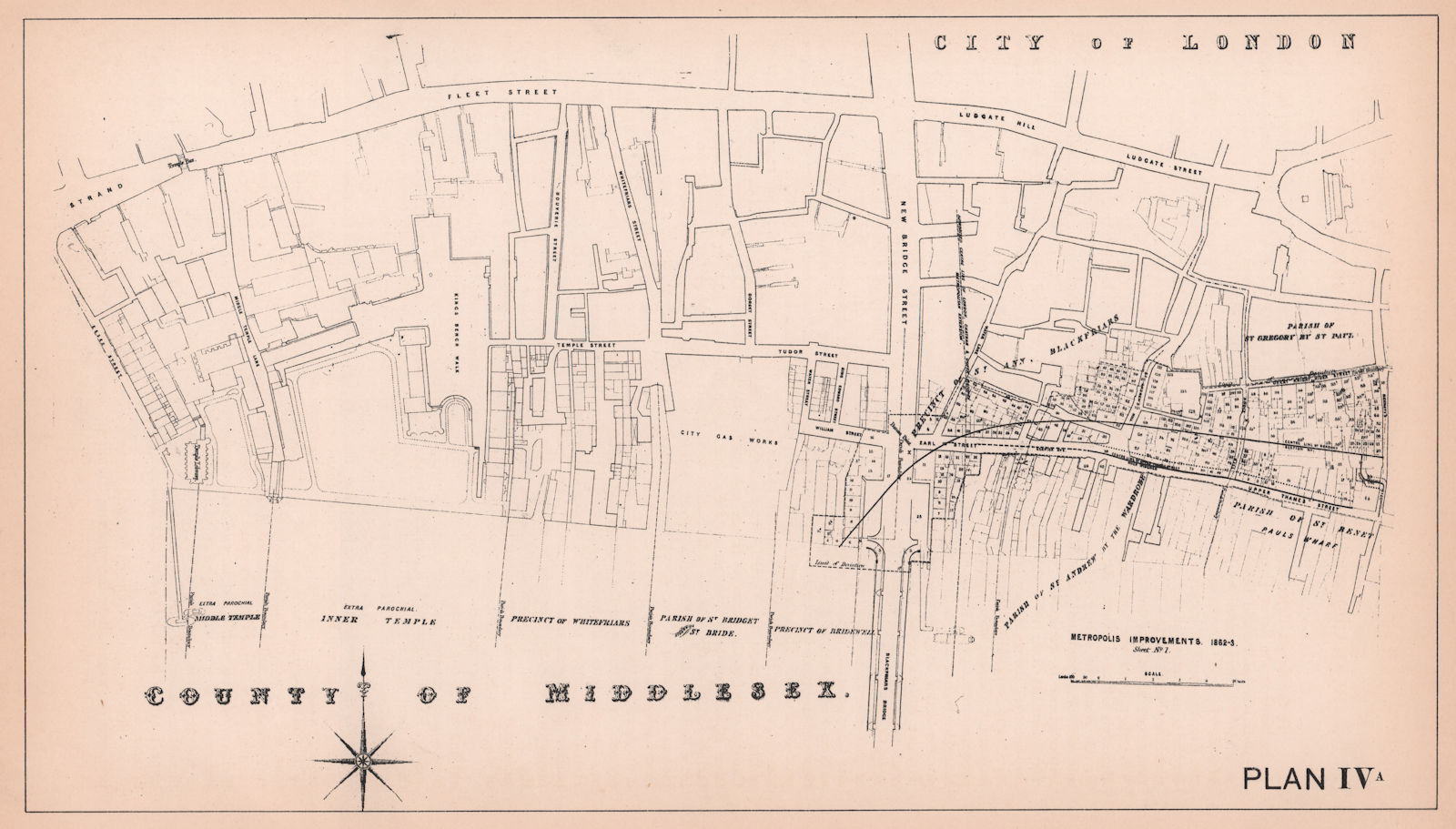 1862-3 Blackfriars. Queen Victoria Street development plan. Fleet St 1898 map
