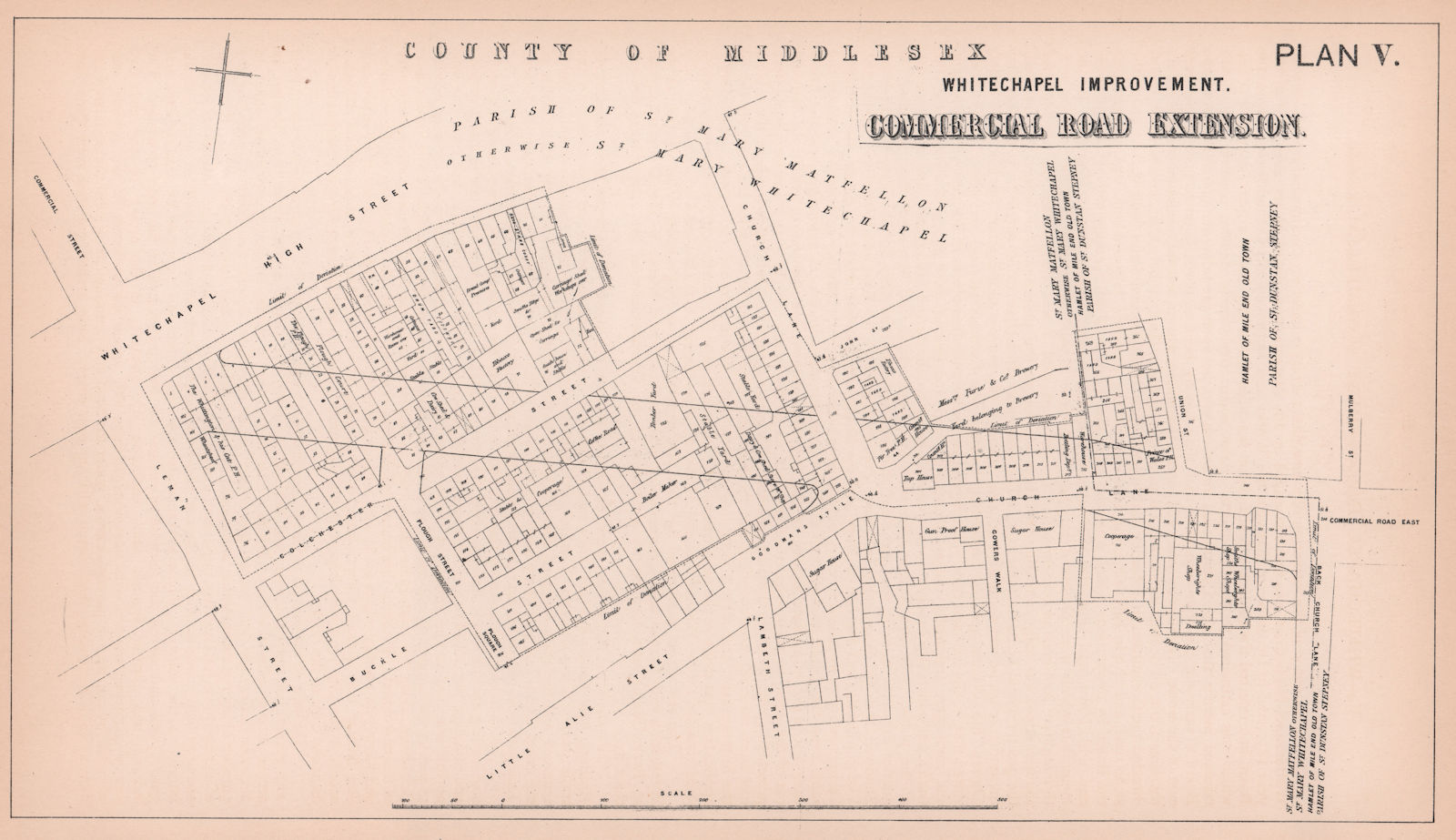 1870 Commercial Road Extension to Whitechapel High Street 1898 old antique map