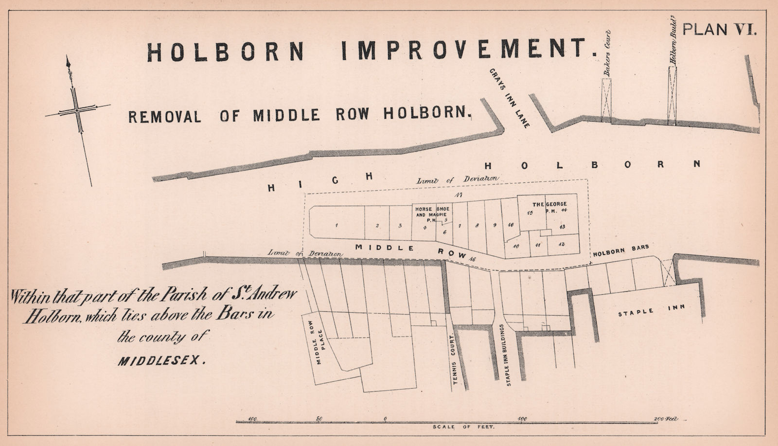 1867 High Holborn. Removal of Middle Row at Grays Inn Road 1898 old map