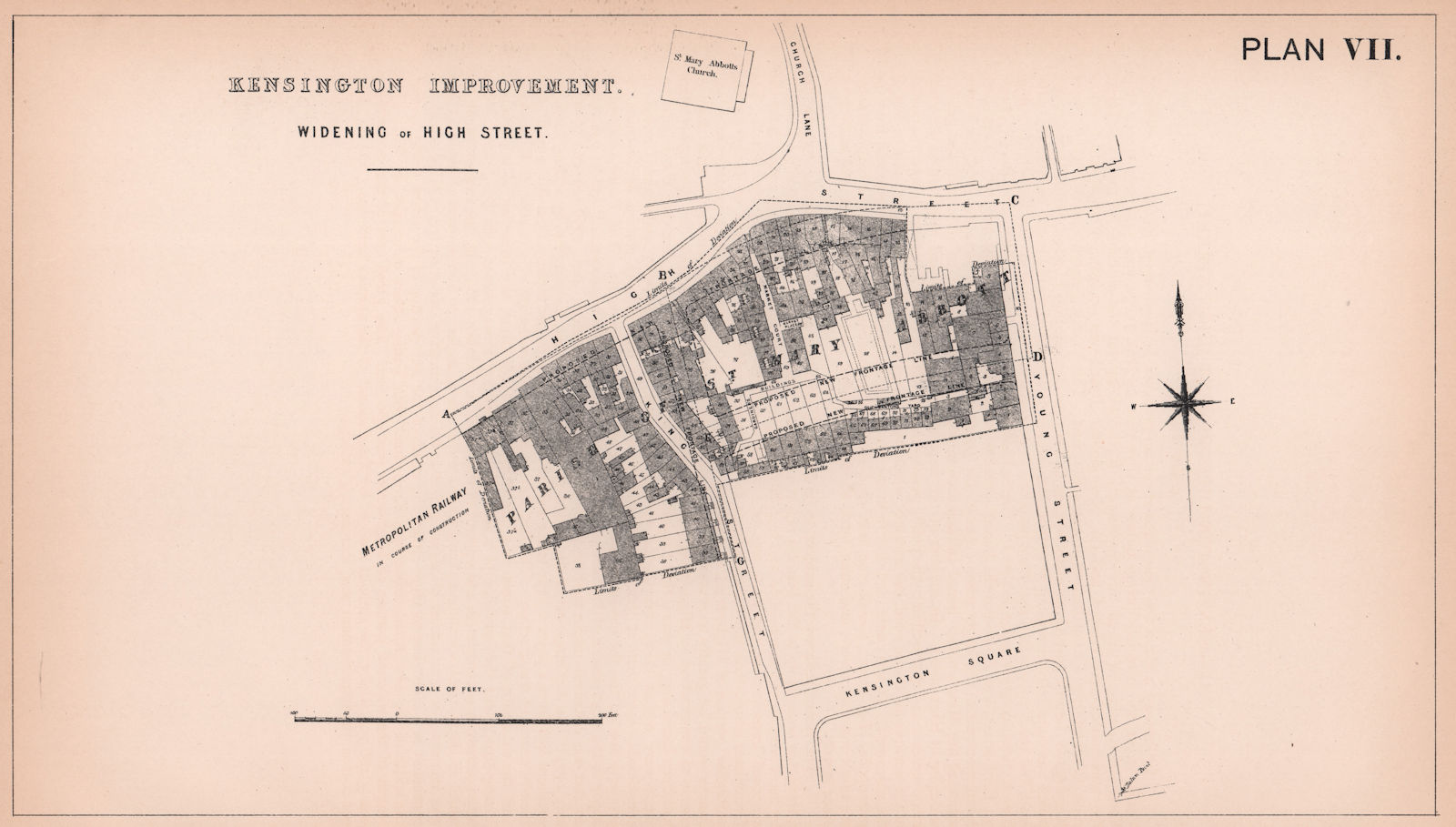 1869 High Street Kensington widening at Church St. Barkers/Wholefoods 1898 map