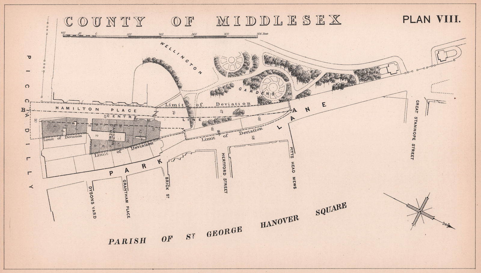 1871 Old Park Lane & Hamilton Place widening. Piccadilly. Mayfair 1898 map
