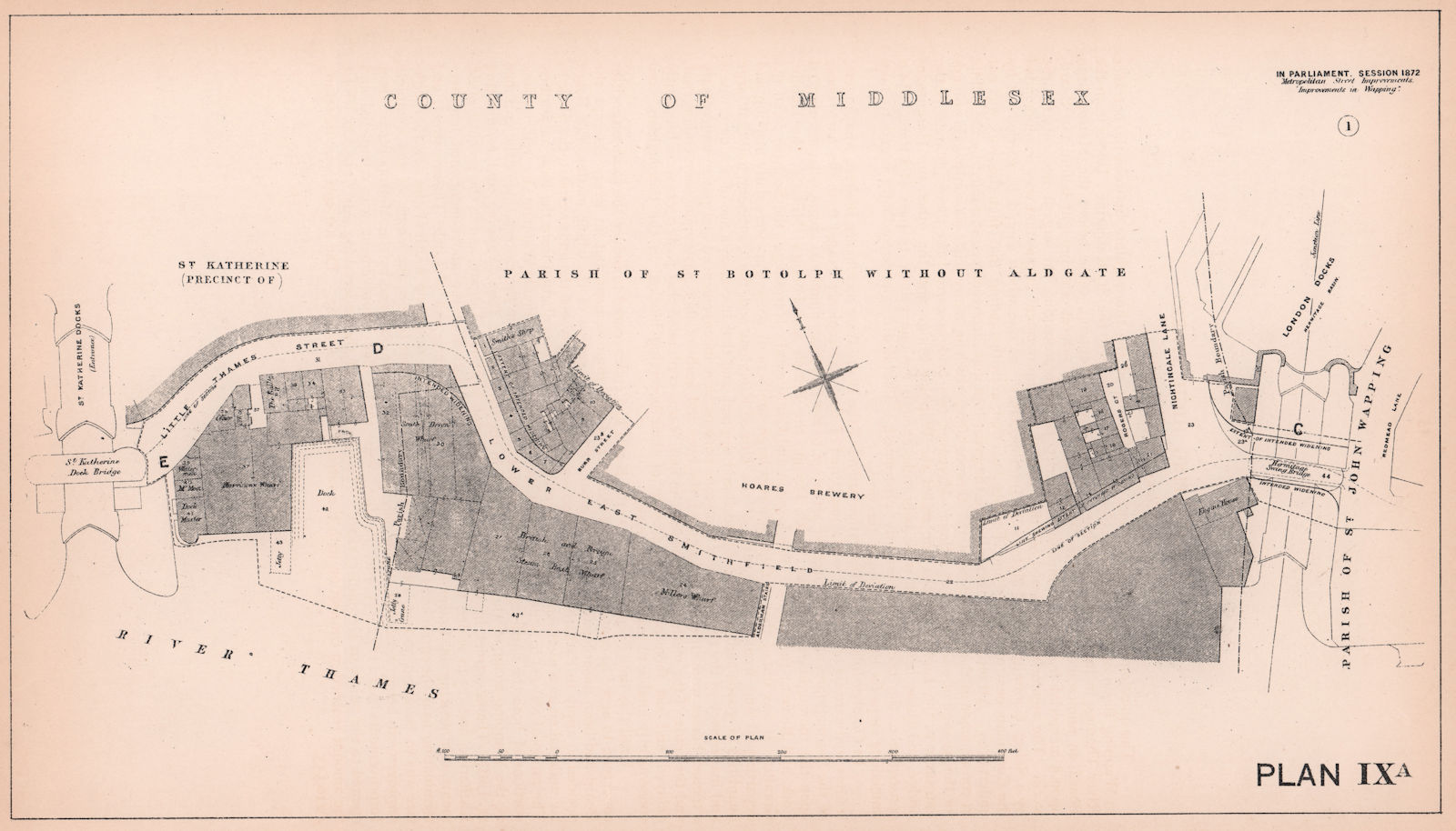 1872 Wapping. St Katherine's Way widening. Dock-Hermitage Basin 1898 old map