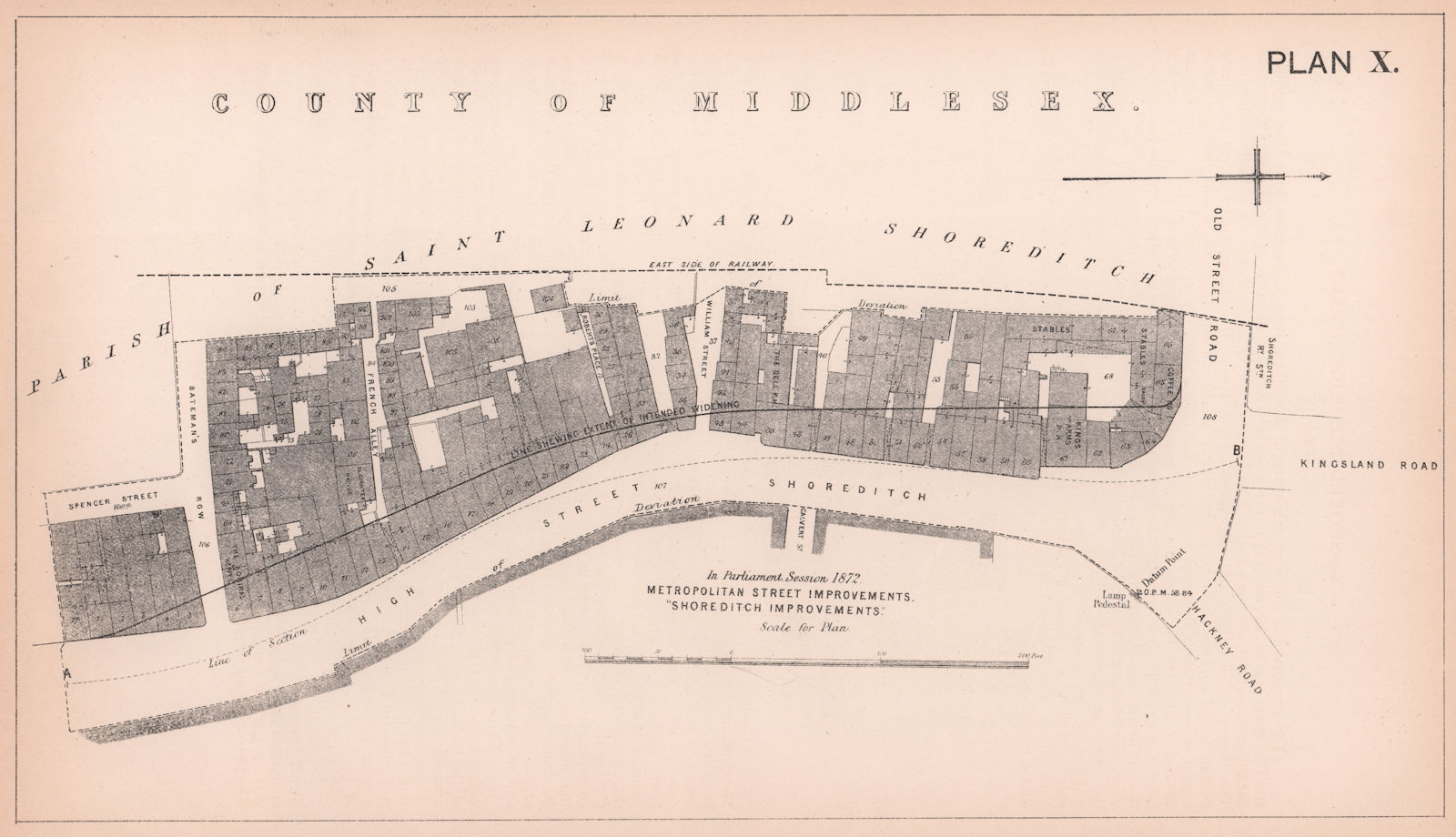 1872 Shoreditch High Street widening. Bateman's Row - Old Street 1898 map